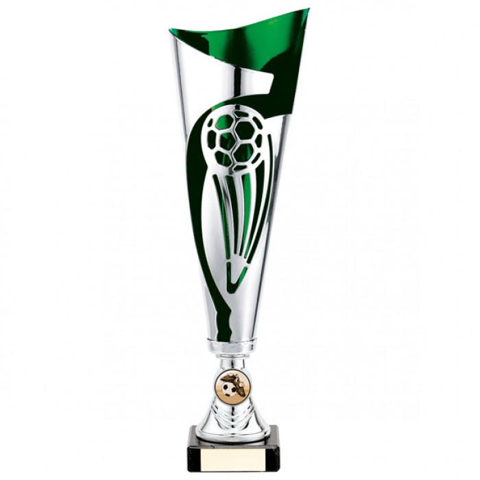GREEN/SILVER LASER CUT FOOTBALL METAL CUPS  - AVAILABLE IN 3 SIZES (32.5CM - 36CM)